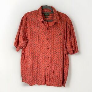 Orvis Classic Fit Short Sleeve Button Down Shirt L Coral Geometric Hemp Lyocell